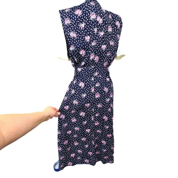 VTG 80S Navy Pink Polka Dot Puff Sleeve Tradwife Maxi Secretary Maxi Dress - Picture 7 of 13